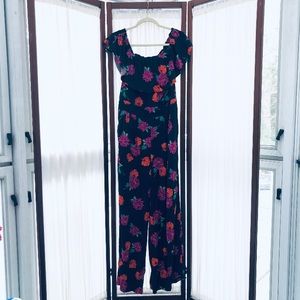 Black Floral Off Shoulder Challis Jumpsuit